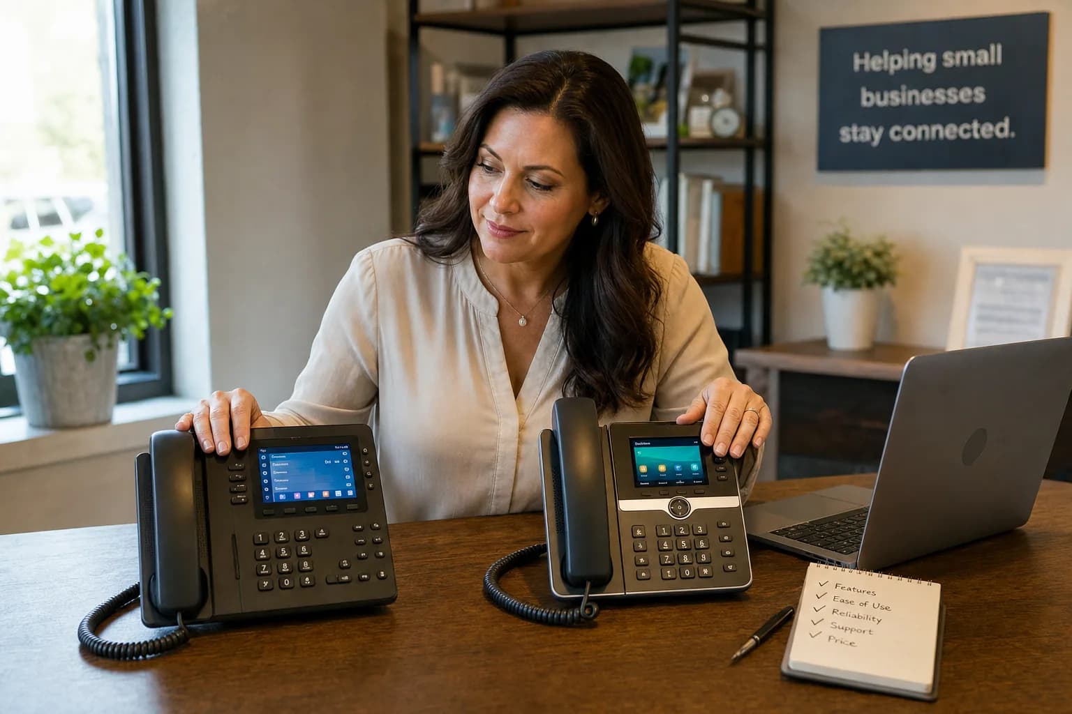 A small business owner comparing two modern business desk phones side by side while choosing the best phone system for her office