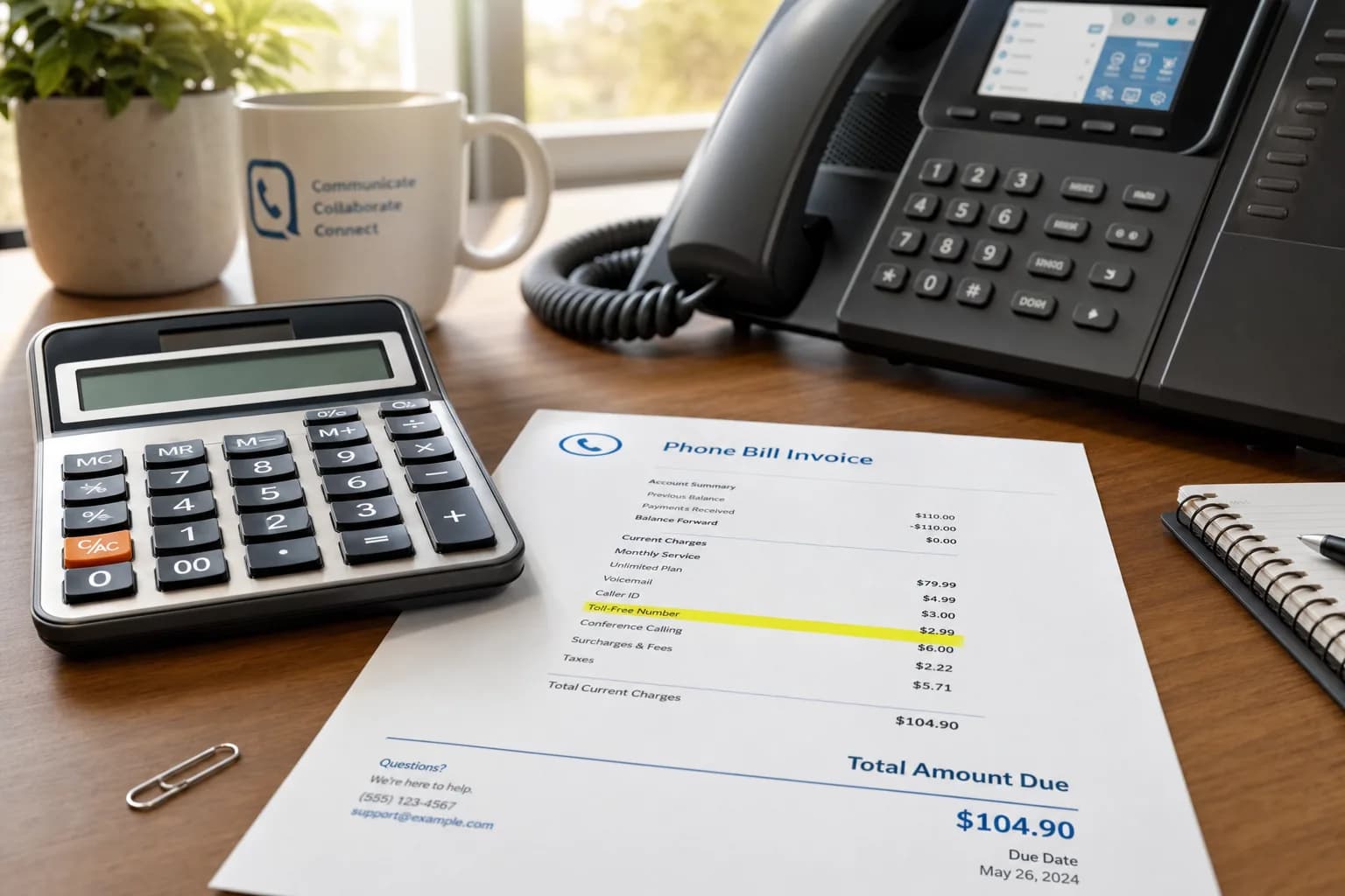 A calculator and a phone bill invoice next to a business desk phone, showing the real monthly cost of a business phone system
