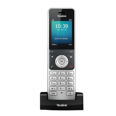 Cordless business phone handset on charging base