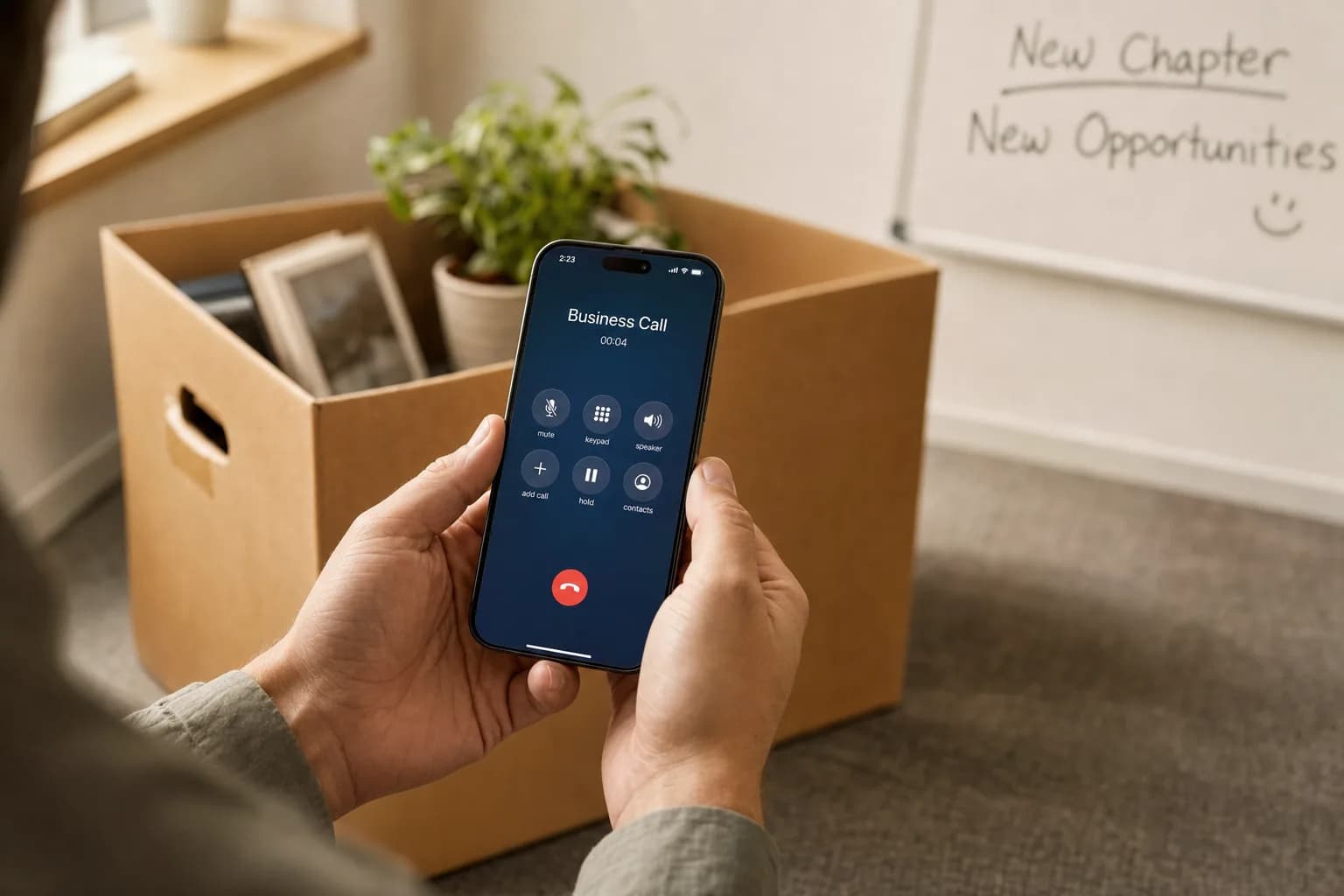 A business owner holding a smartphone mid call while switching business phone providers, with a moving box nearby