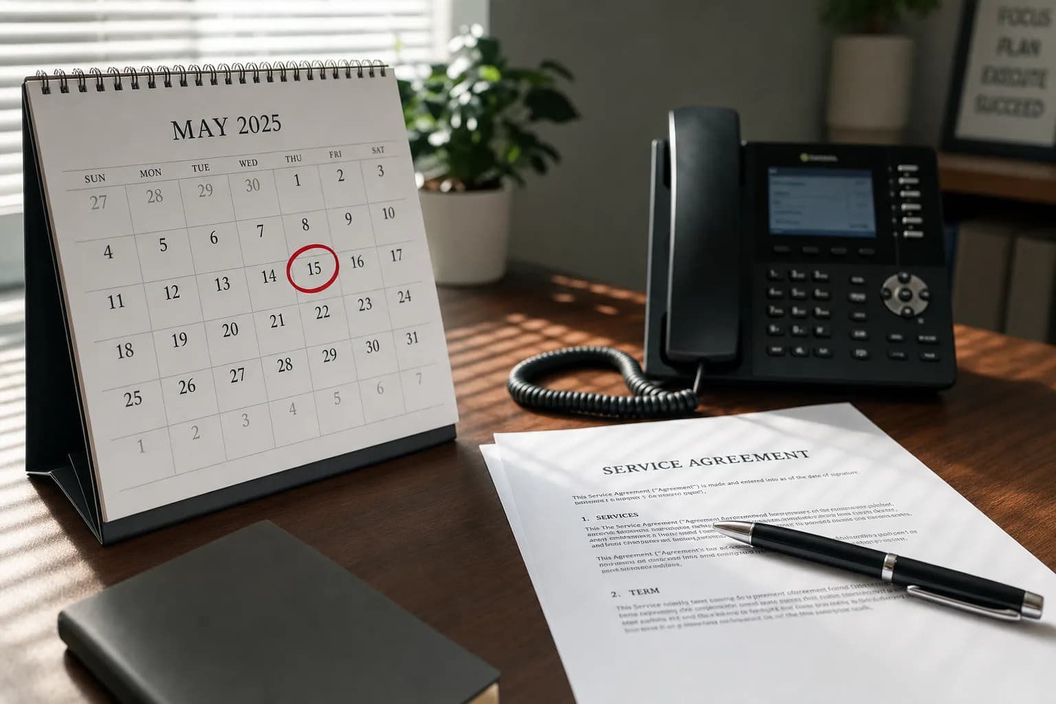 A desk calendar with a circled renewal date next to a signed service agreement, illustrating a voip contract renewal checklist