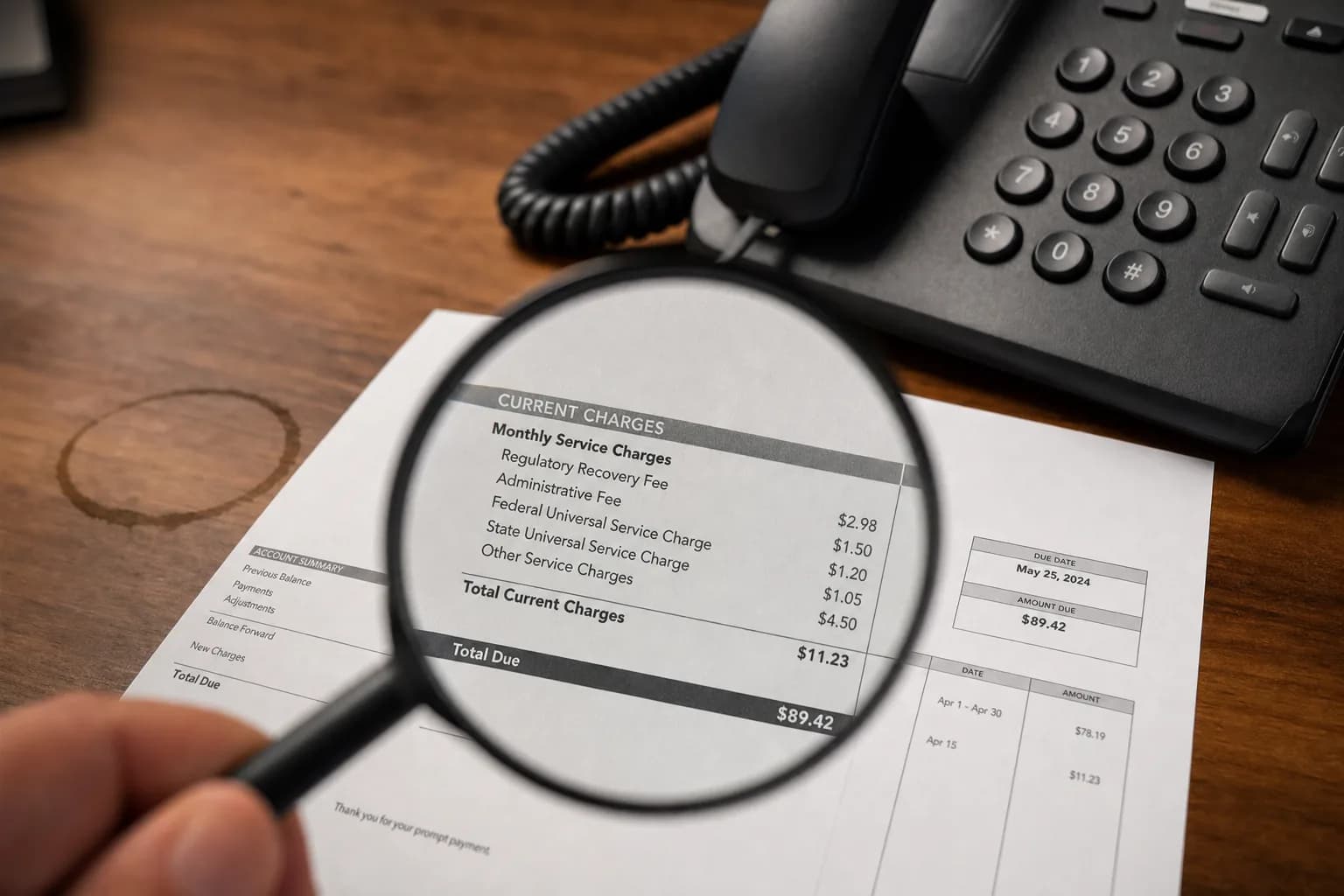 A magnifying glass over a phone bill invoice revealing small print regulatory and service fees, illustrating common voip hidden fees