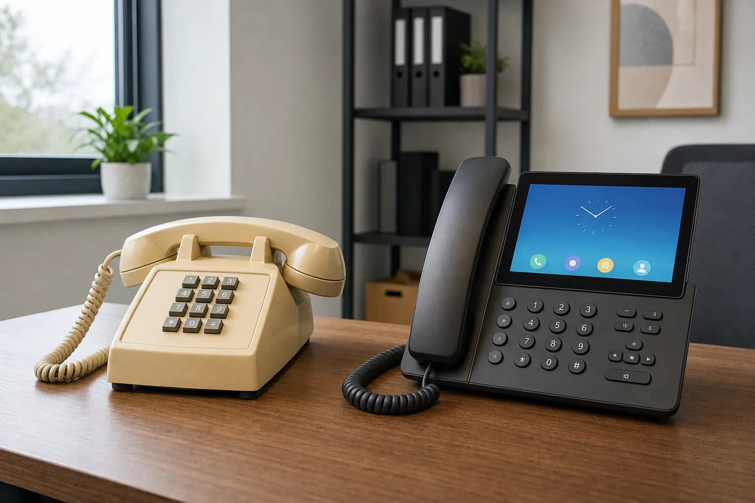 A vintage corded landline telephone next to a modern VoIP business desk phone, comparing voip vs landline for a small business