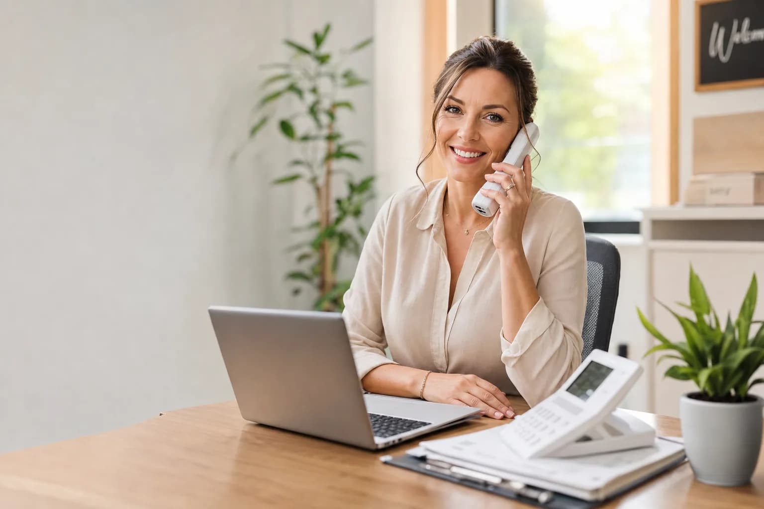 A smiling small business office manager answering a business phone system desk phone at her front desk while working on her laptop
